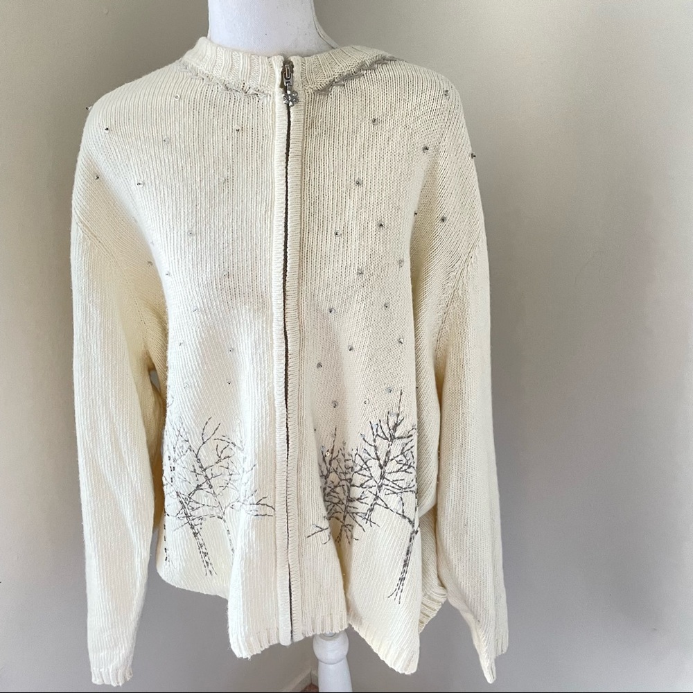 Croft & Barrow White Silk Blend Embroidered Winter Zip Up Sweater Plus Size 3X